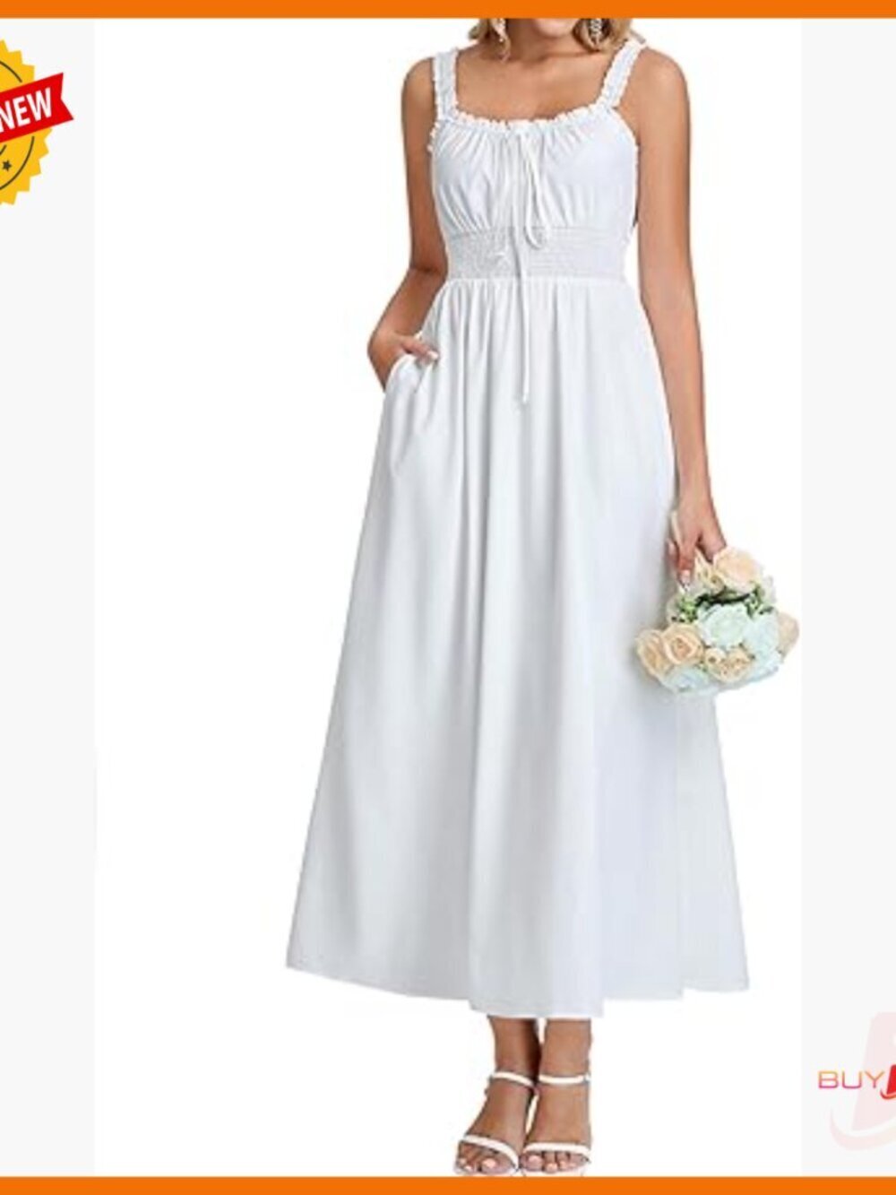 Summer Floral Midi Dress Square Neck Smocked A Line Sundress with Pockets